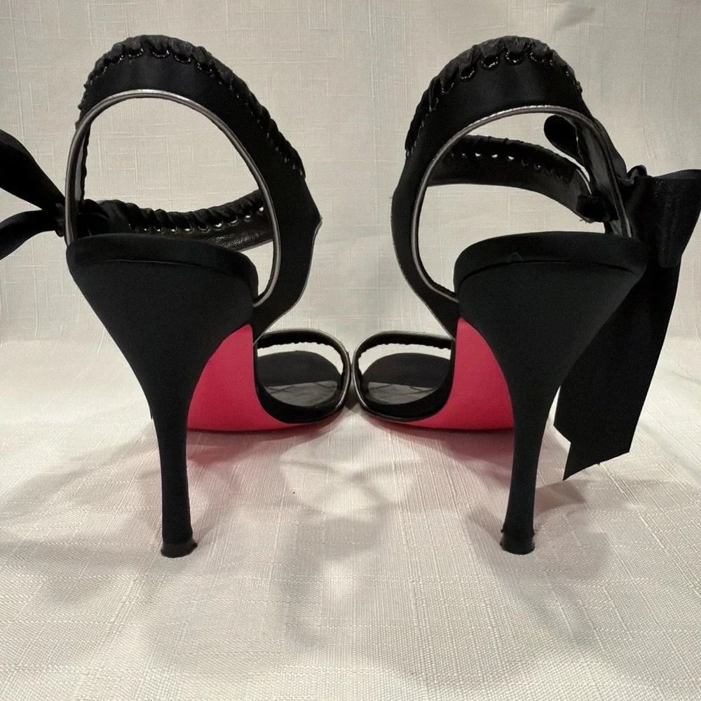 Betsey Johnson Black Satin Heels Stilettos Ankle Strap Bow Sz. 9.5 M Silver Trim
